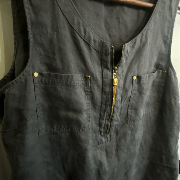 Excellent condition Ellen Tracy Gray Sleeveless linen tunic size L. Gold details - Picture 3 of 10